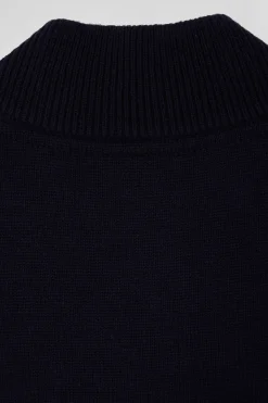 Cardigan zippé à col montant en laine et coton marine coupe Regular