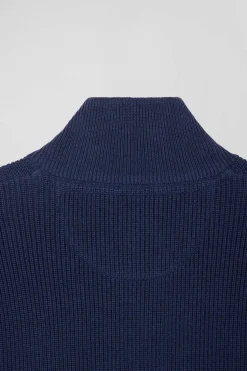 Cardigan zippé à col montant marine et bleu en coton