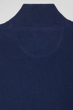 Cardigan zippé à col montant uni bleu marine en coton