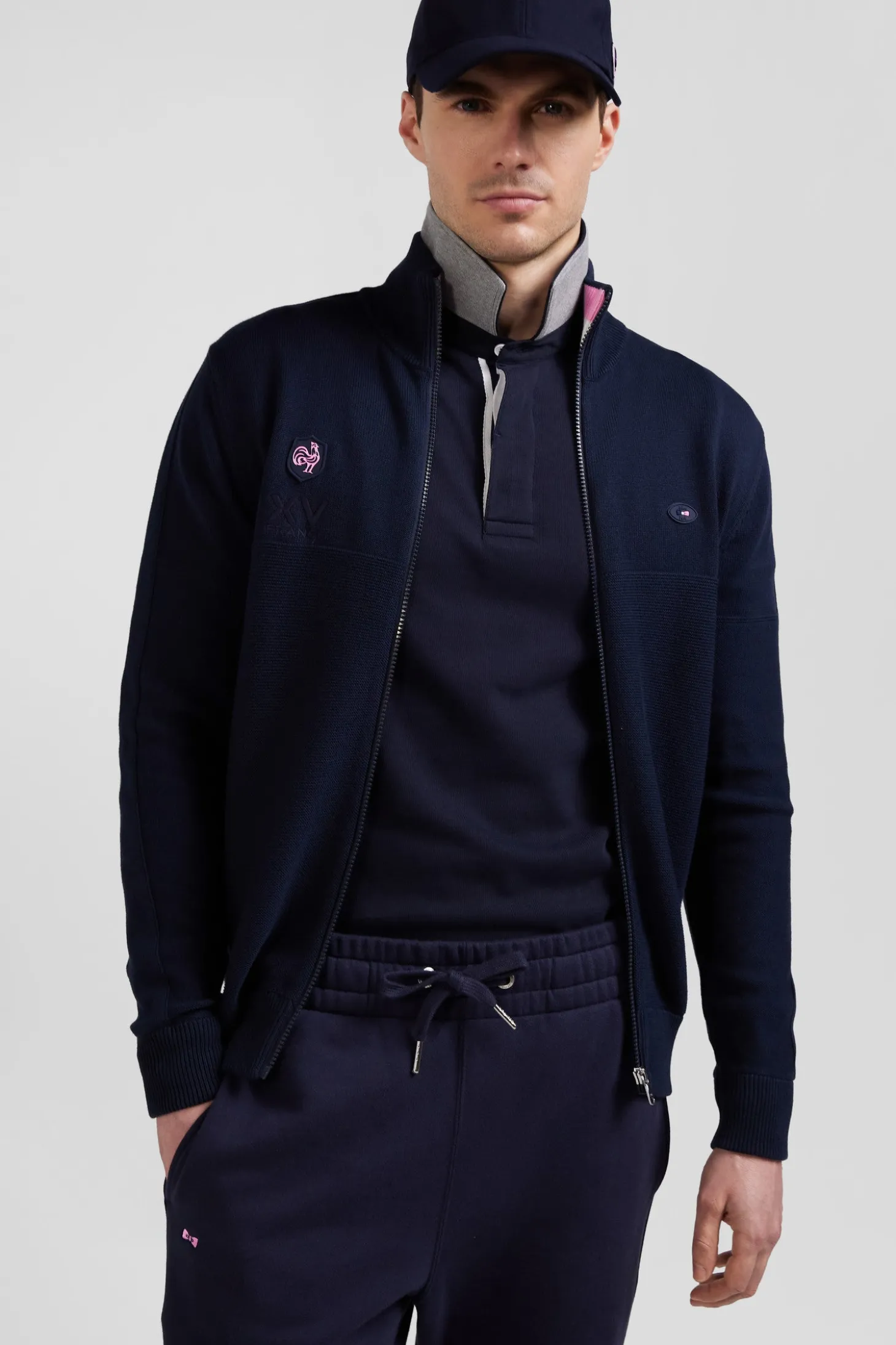 Cardigan zippé en coton bleu marine coupe Regular badge gomme détails XV de France tricolore