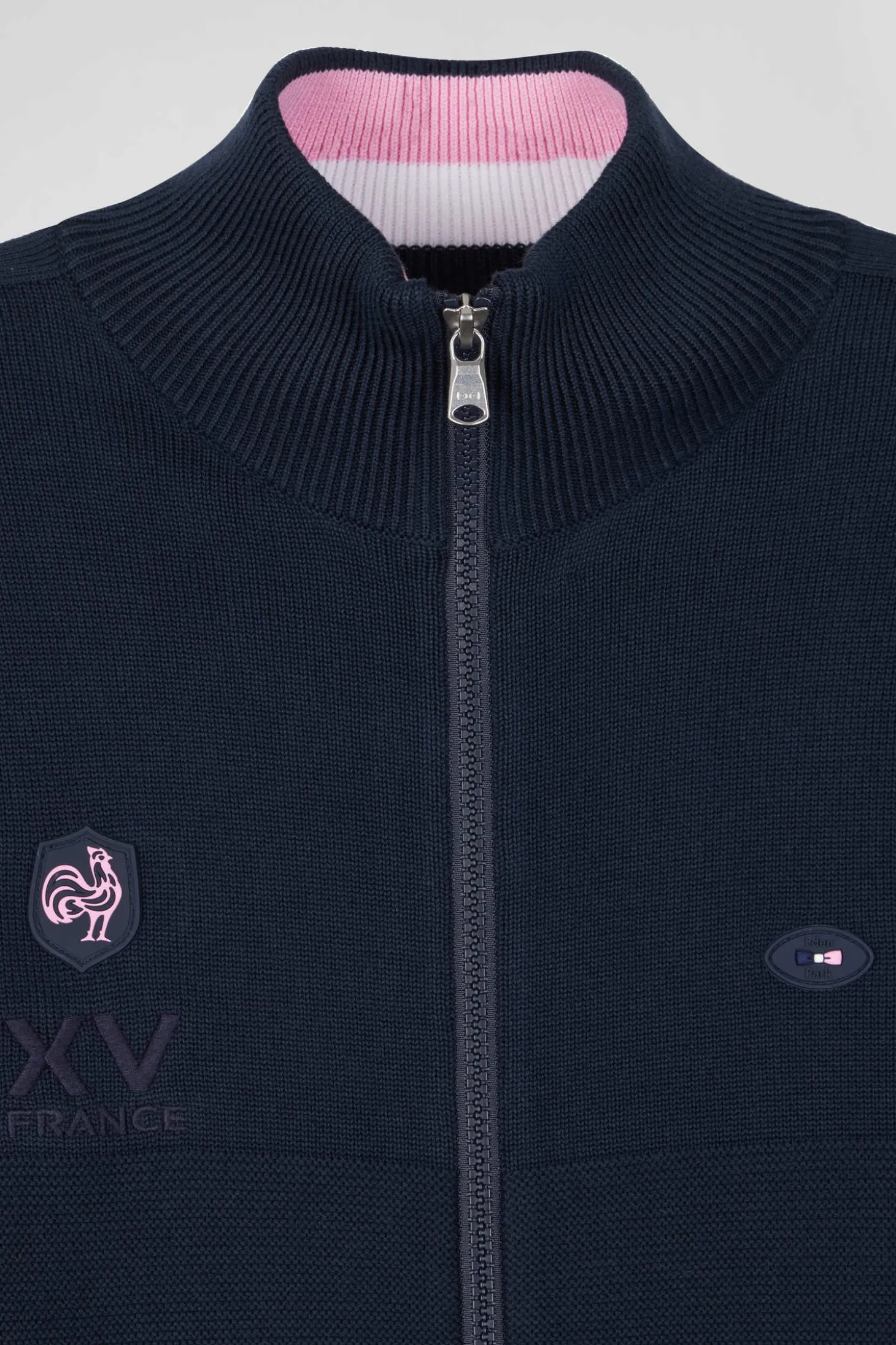 Cardigan zippé en coton bleu marine coupe Regular badge gomme détails XV de France tricolore