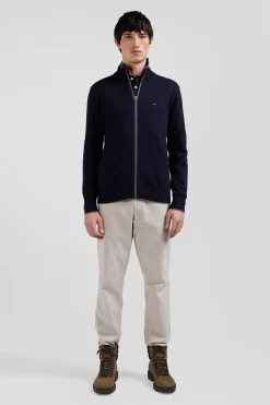 Cardigan zippé en coton et cachemire bleu marine coupe Regular rayures verticales