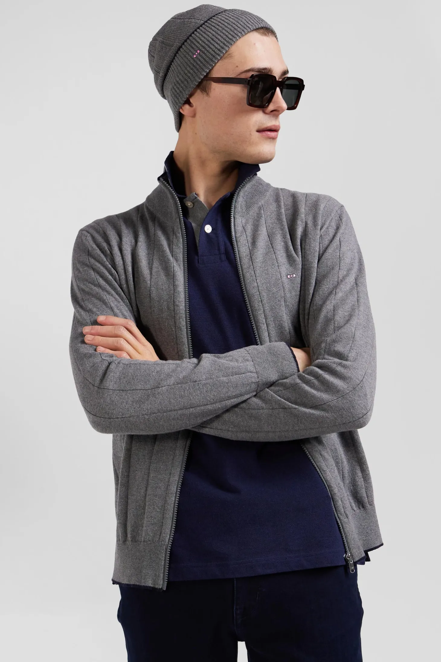 Cardigan zippé en coton et cachemire gris coupe Regular rayures verticales