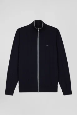 Cardigan zippé en coton et cachemire bleu marine coupe Regular rayures verticales