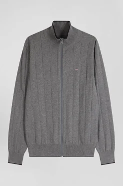 Cardigan zippé en coton et cachemire gris coupe Regular rayures verticales