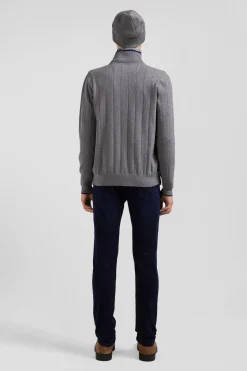 Cardigan zippé en coton et cachemire gris coupe Regular rayures verticales