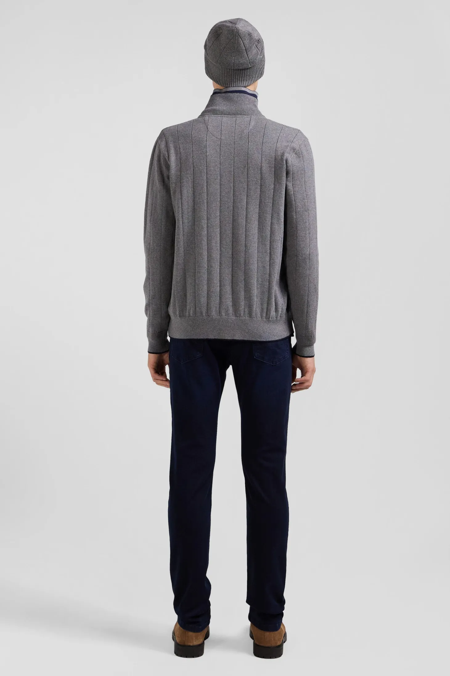 Cardigan zippé en coton et cachemire gris coupe Regular rayures verticales