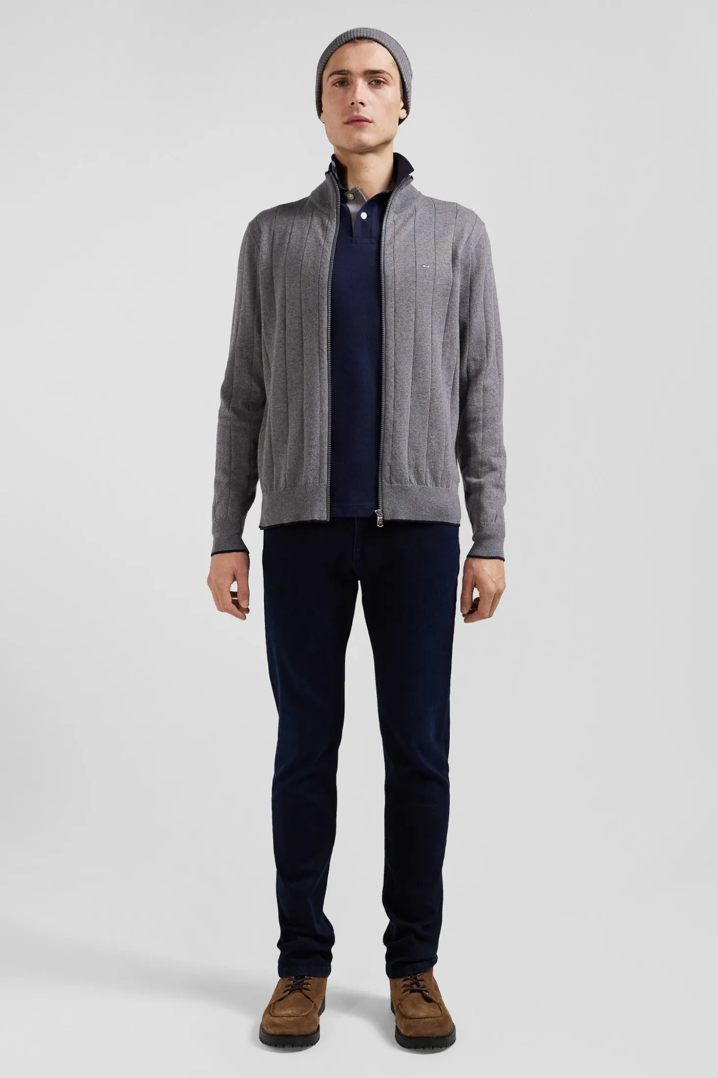 Cardigan zippé en coton et cachemire gris coupe Regular rayures verticales