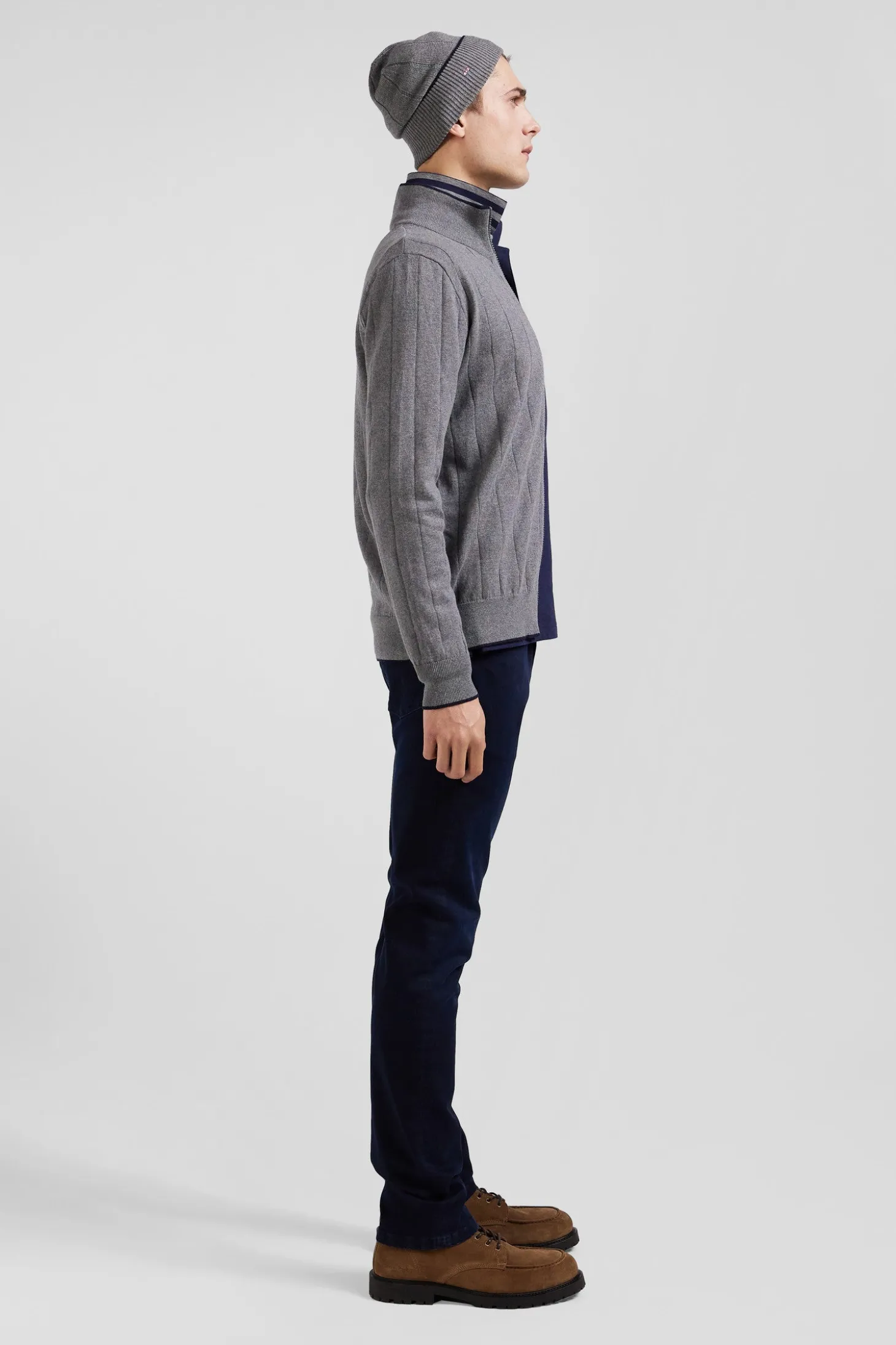 Cardigan zippé en coton et cachemire gris coupe Regular rayures verticales