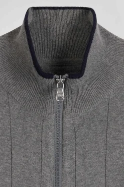 Cardigan zippé en coton et cachemire gris coupe Regular rayures verticales