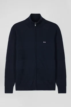 Cardigan zippé en coton uni bleu marine à jeu de maille