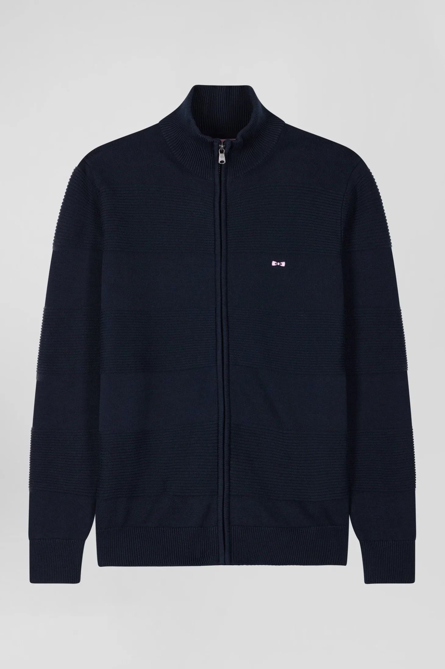Cardigan zippé en coton uni bleu marine à jeu de maille