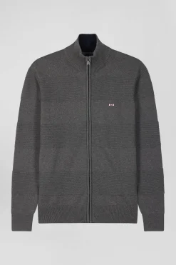 Cardigan zippé en coton uni gris à jeu de maille