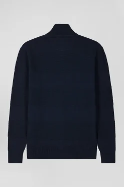 Cardigan zippé en coton uni bleu marine à jeu de maille