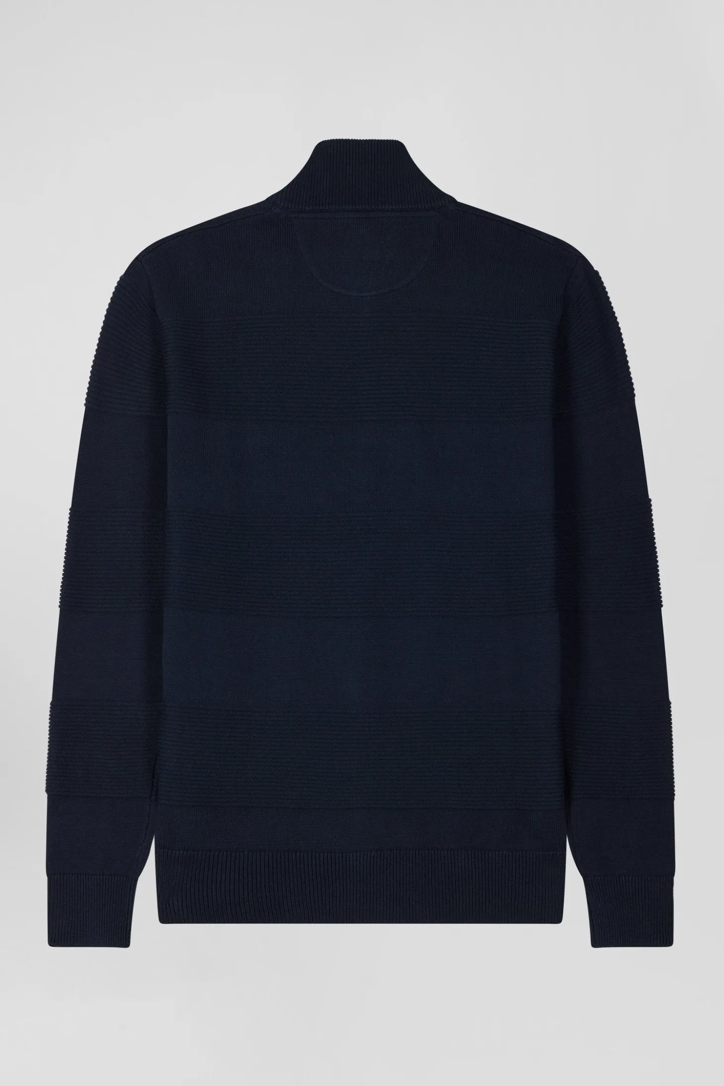 Cardigan zippé en coton uni bleu marine à jeu de maille