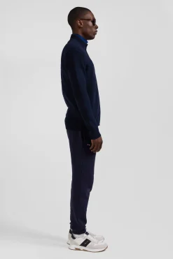 Cardigan zippé en coton uni bleu marine à jeu de maille