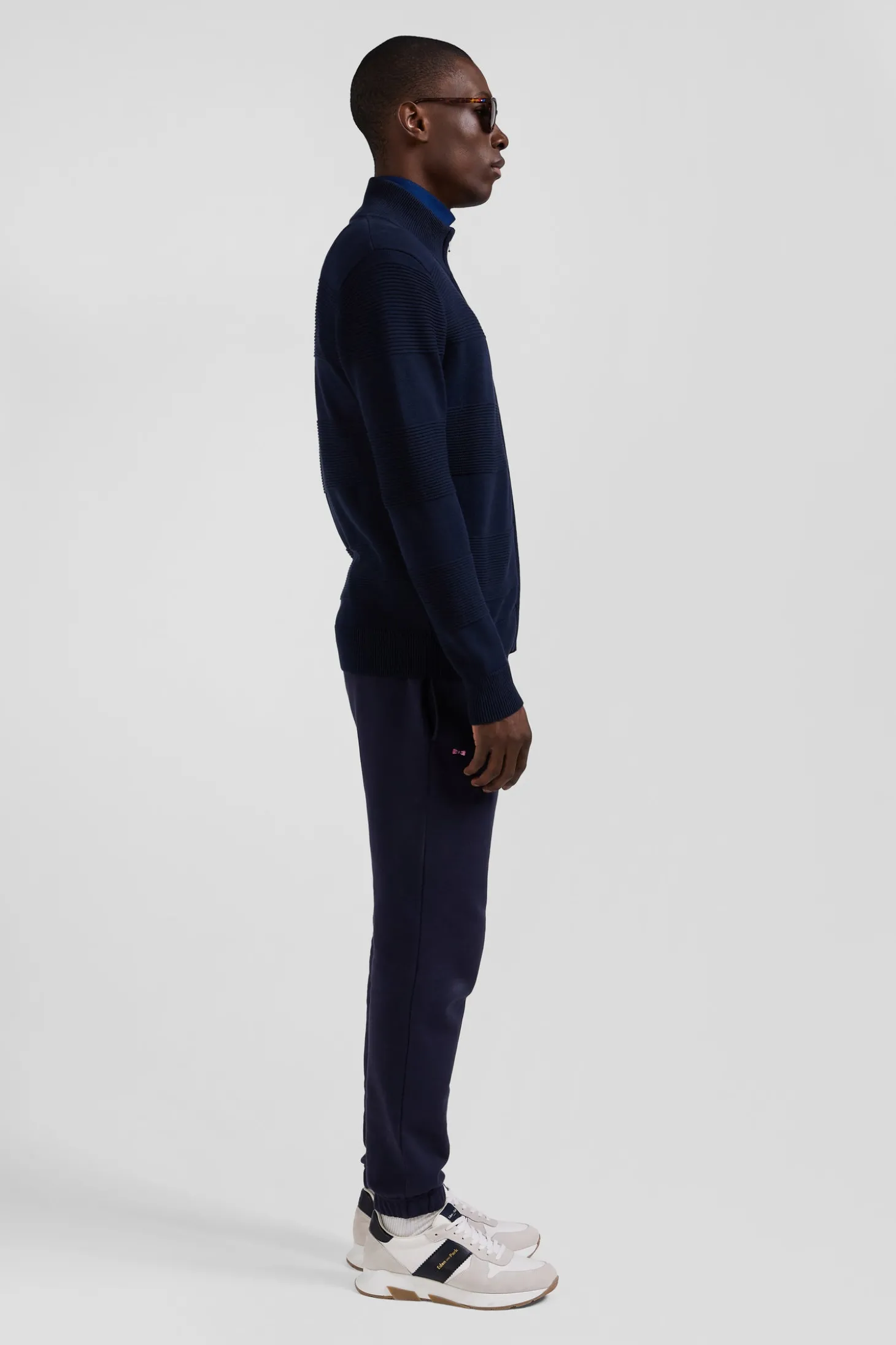 Cardigan zippé en coton uni bleu marine à jeu de maille
