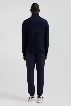 Cardigan zippé en coton uni bleu marine à jeu de maille