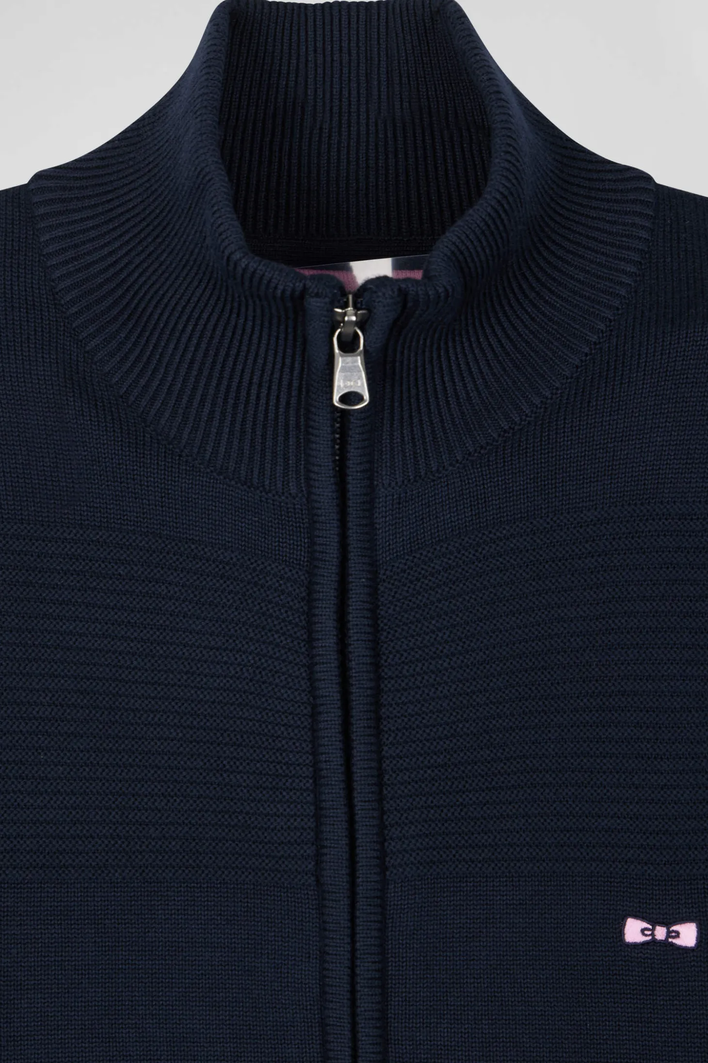 Cardigan zippé en coton uni bleu marine à jeu de maille