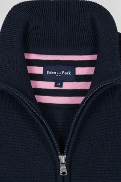 Cardigan zippé en coton uni bleu marine à jeu de maille