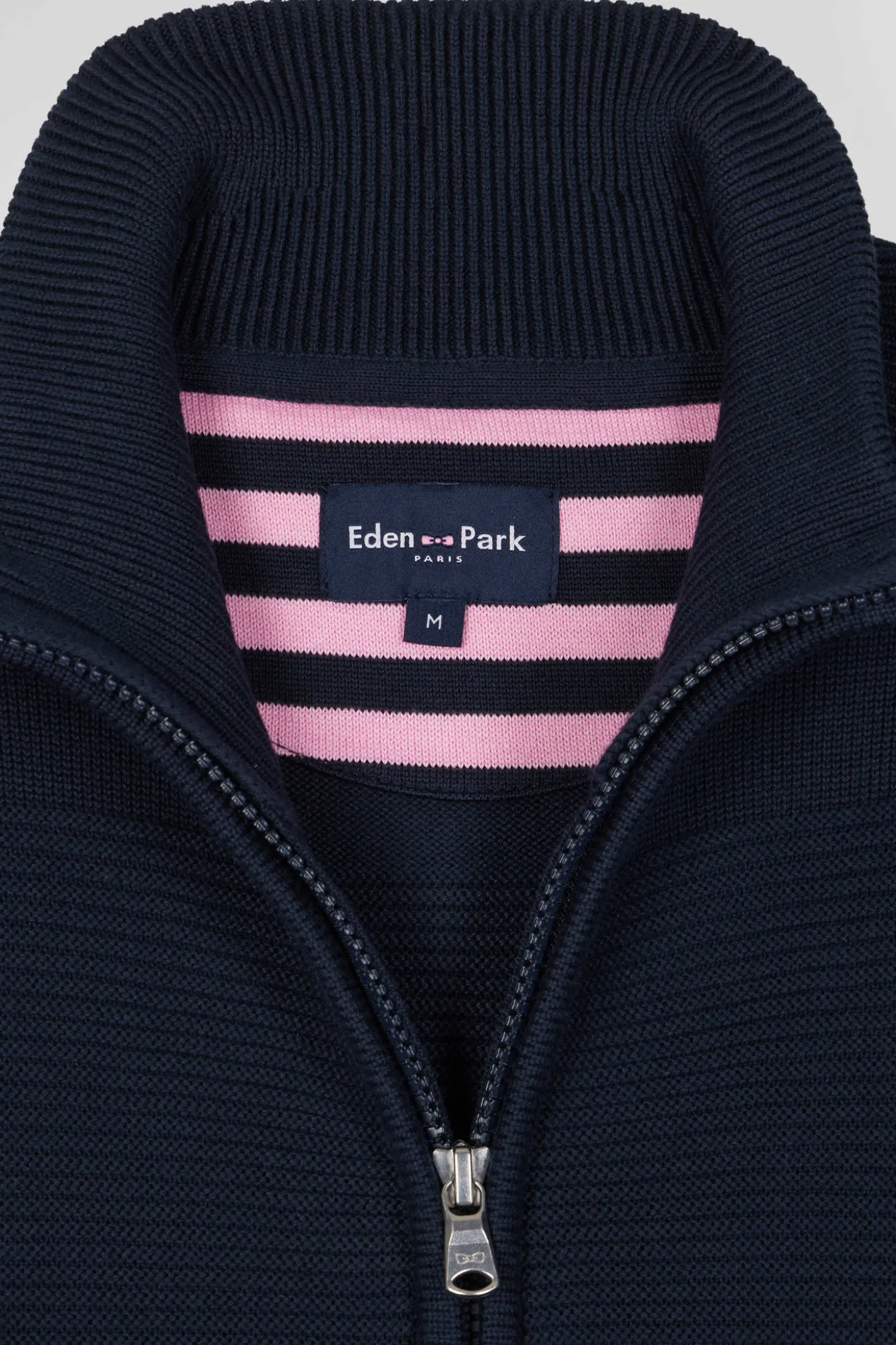 Cardigan zippé en coton uni bleu marine à jeu de maille
