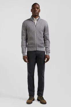 Cardigan zippé en laine et coton gris coupe Regular