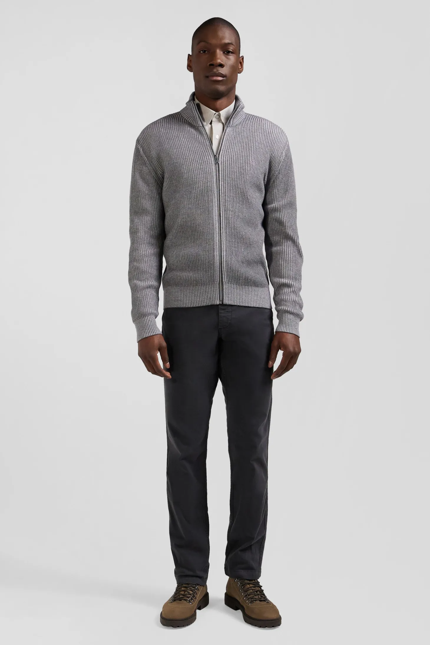 Cardigan zippé en laine et coton gris coupe Regular