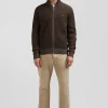 Cardigan zippé en laine et coton marron coupe Regular