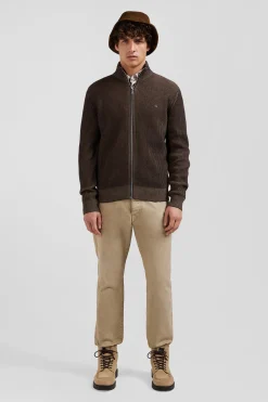 Cardigan zippé en laine et coton marron coupe Regular