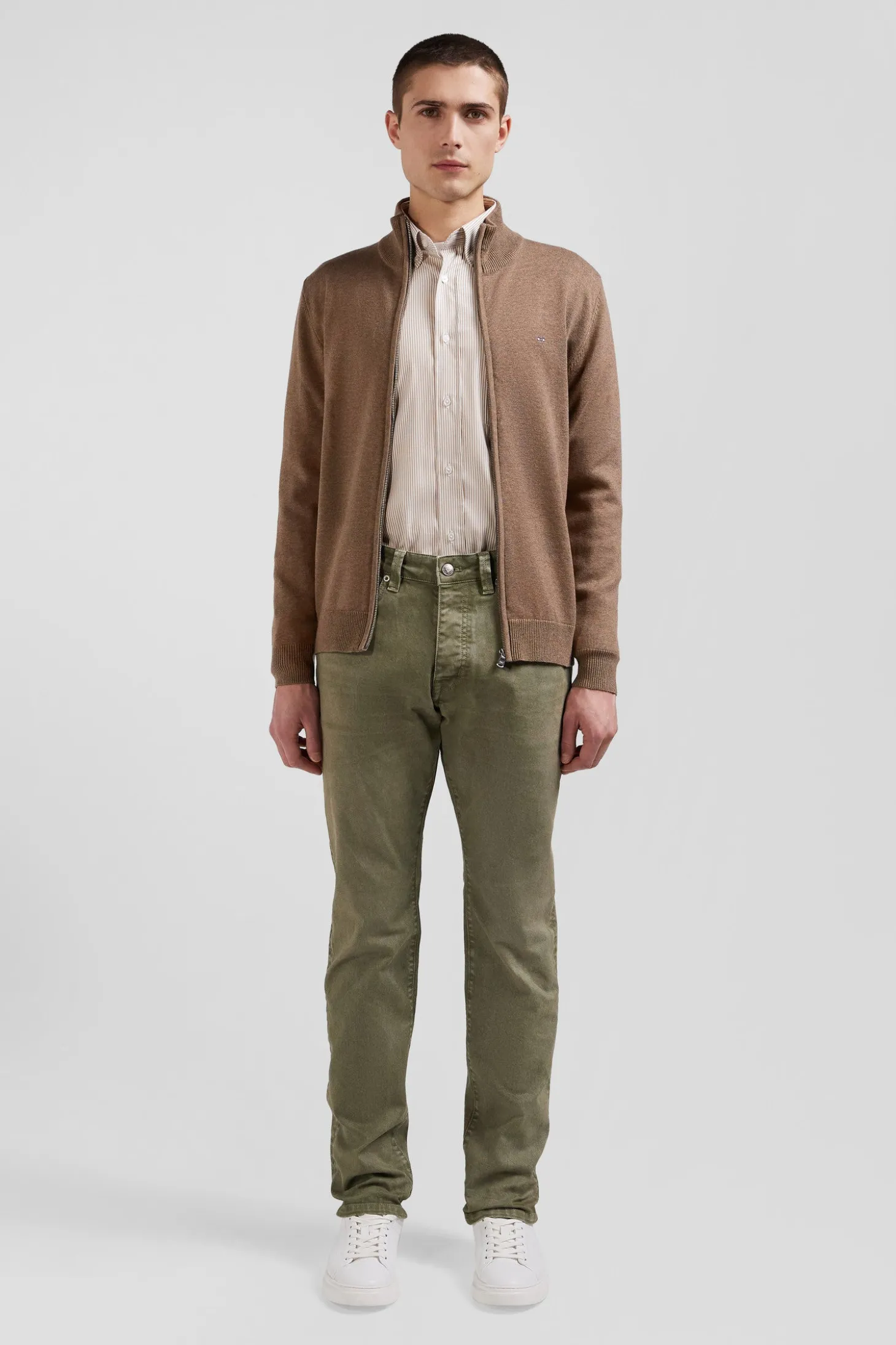 Cardigan zippé en laine et coton uni camel