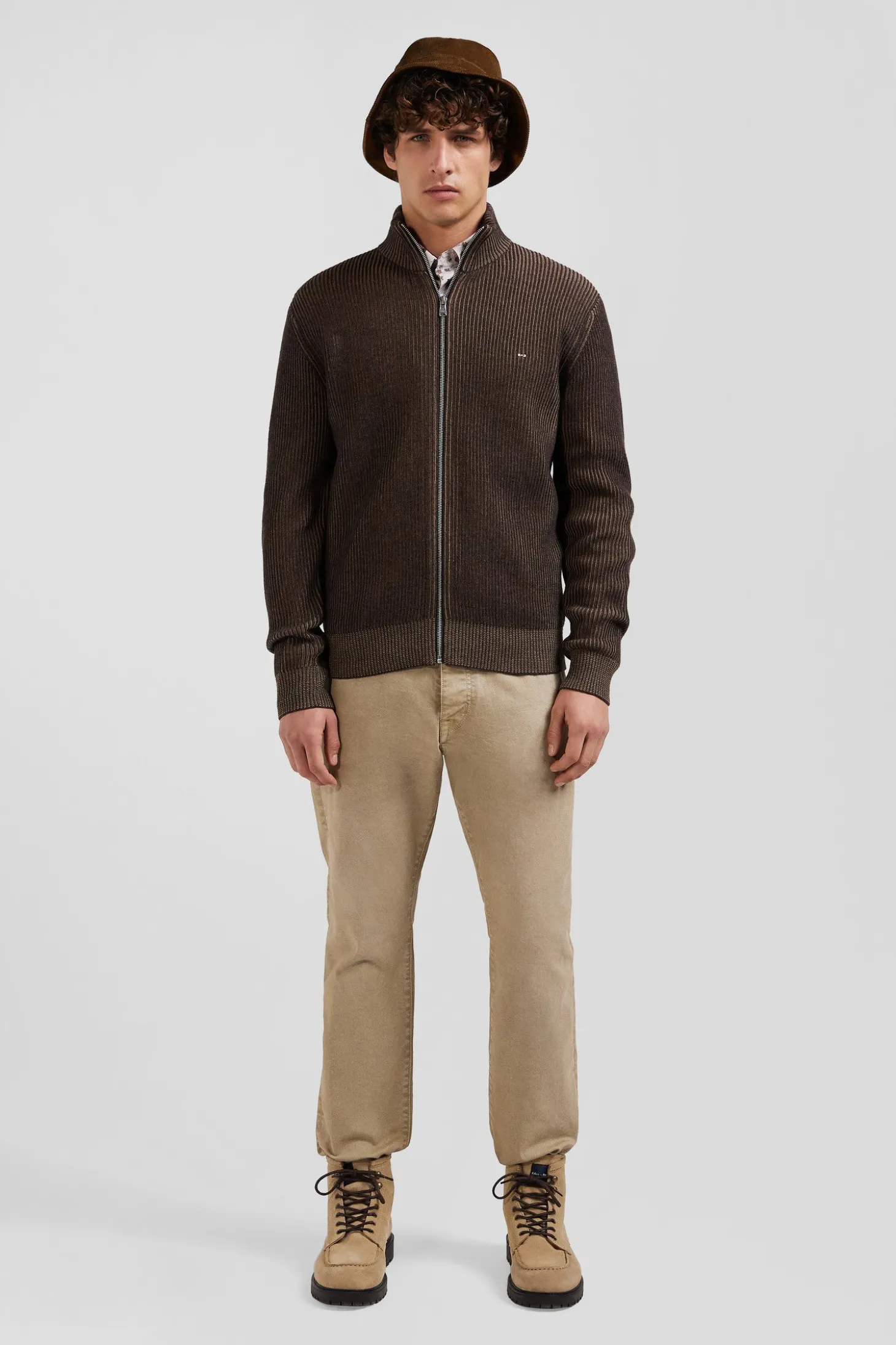 Cardigan zippé en laine et coton marron coupe Regular