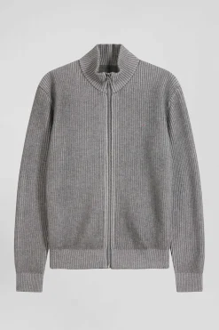 Cardigan zippé en laine et coton gris coupe Regular