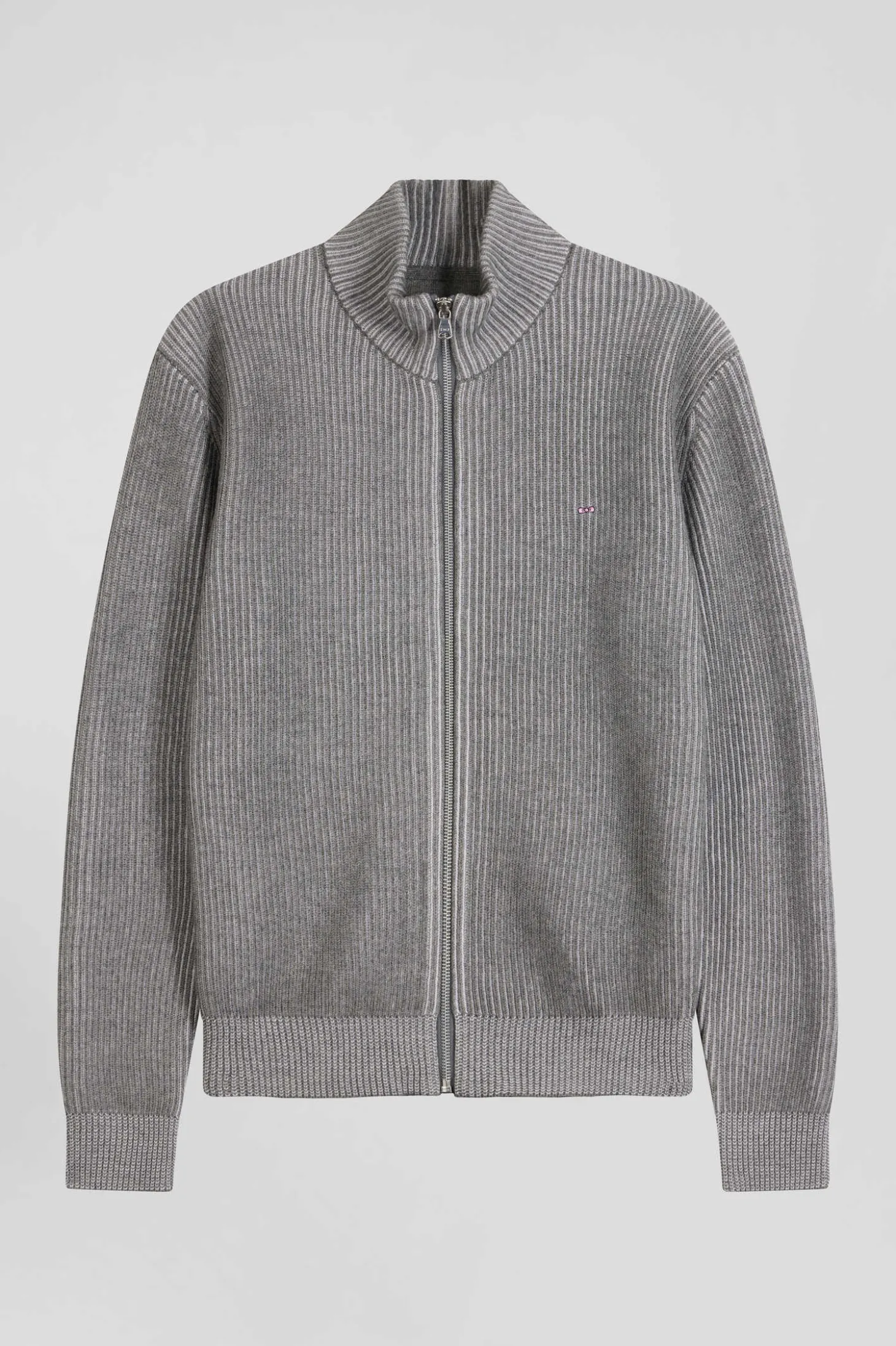Cardigan zippé en laine et coton gris coupe Regular