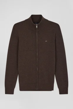 Cardigan zippé en laine et coton uni marron