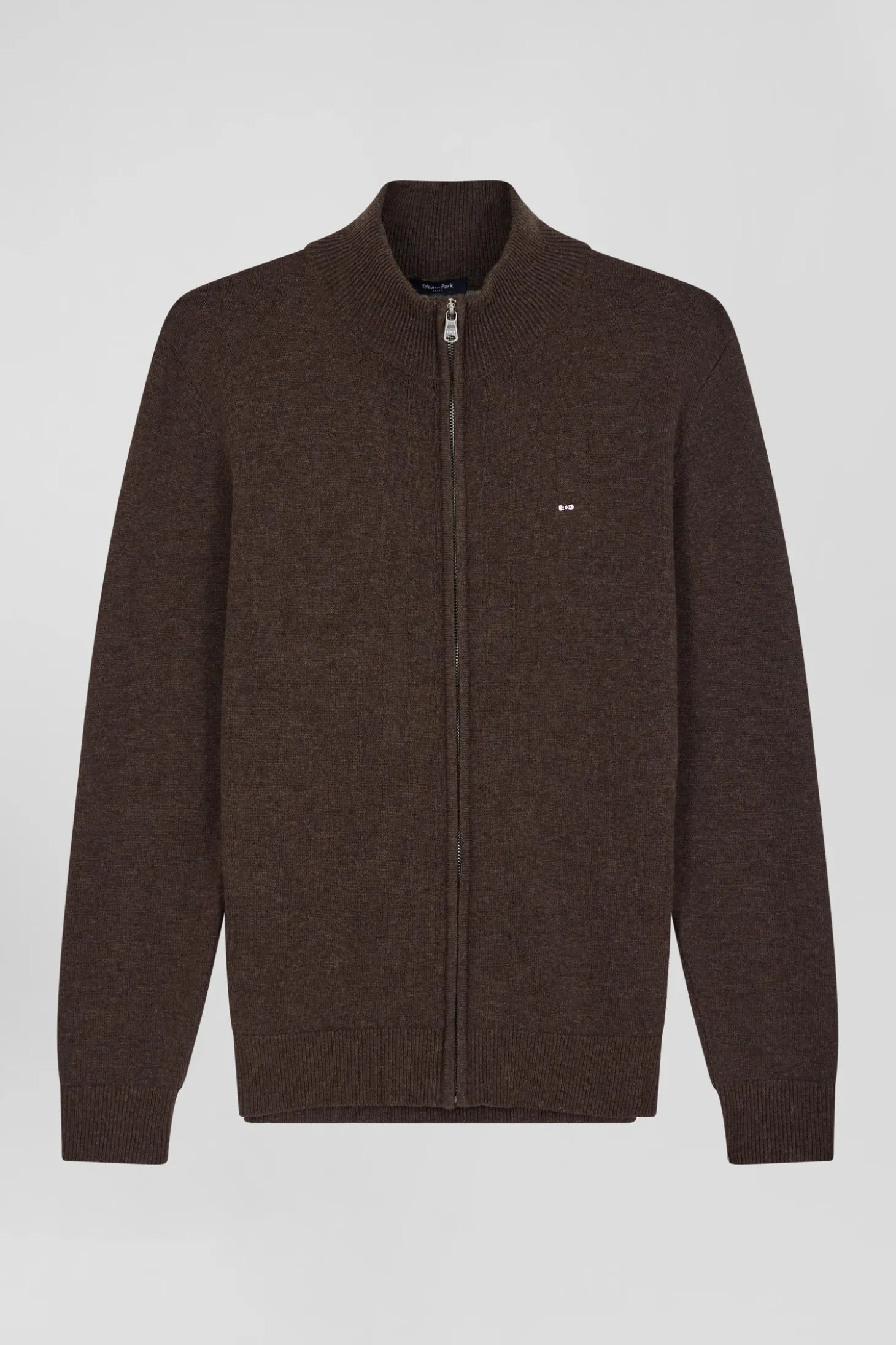 Cardigan zippé en laine et coton uni marron