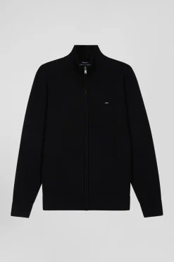 Cardigan zippé en laine et coton uni noir