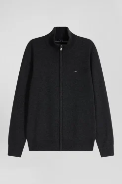 Cardigan zippé en laine et coton uni gris anthracite