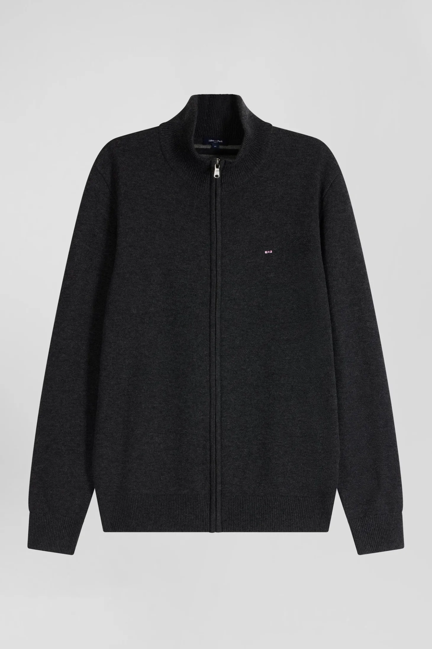 Cardigan zippé en laine et coton uni gris anthracite