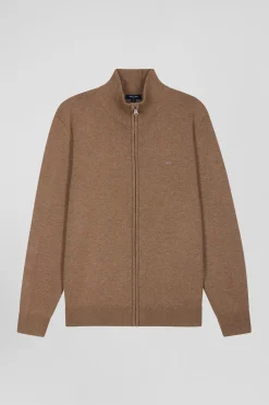 Cardigan zippé en laine et coton uni camel
