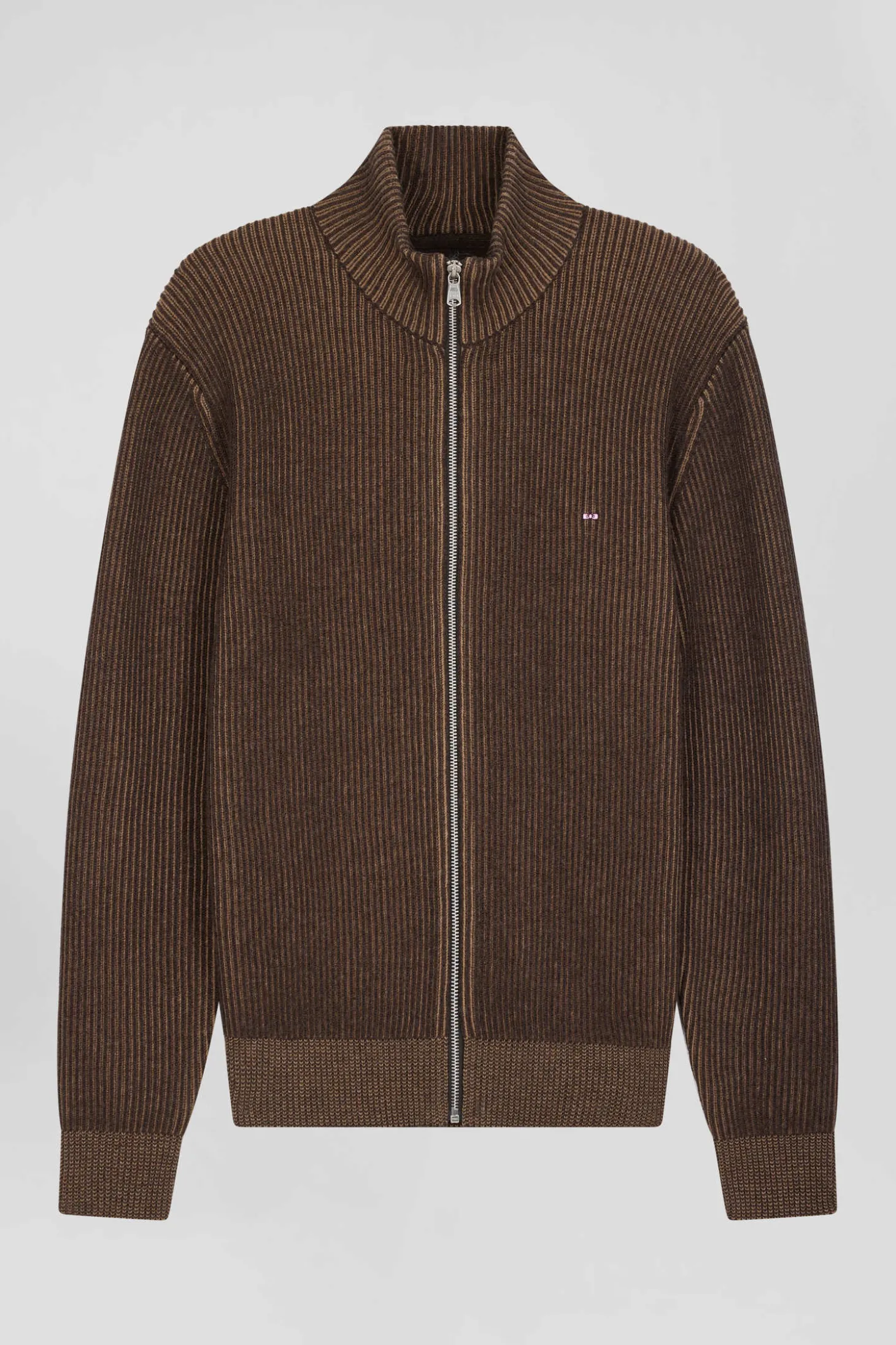 Cardigan zippé en laine et coton marron coupe Regular
