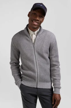 Cardigan zippé en laine et coton gris coupe Regular