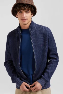 Cardigan zippé en laine et coton bleu marine coupe Regular