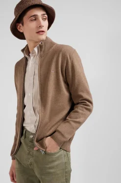 Cardigan zippé en laine et coton uni camel