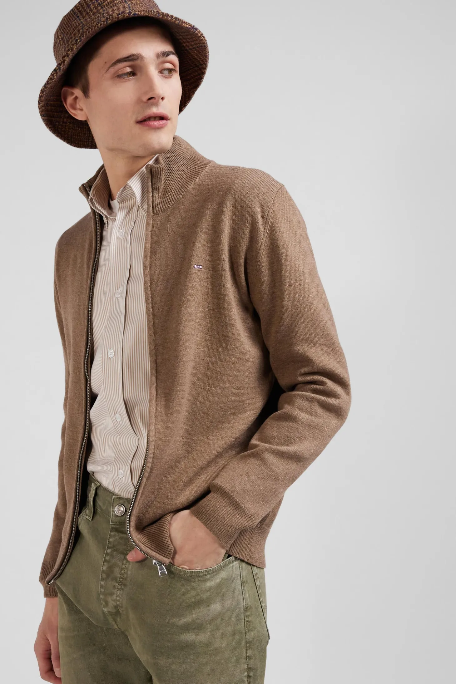 Cardigan zippé en laine et coton uni camel