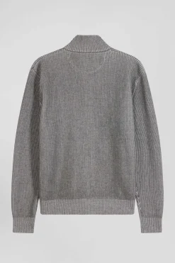 Cardigan zippé en laine et coton gris coupe Regular