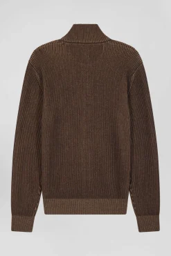 Cardigan zippé en laine et coton marron coupe Regular