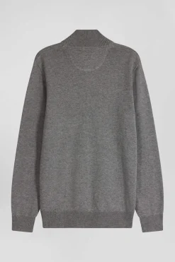 Cardigan zippé en laine et coton uni gris