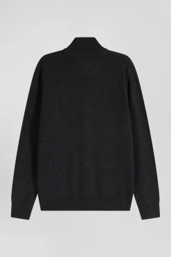 Cardigan zippé en laine et coton uni gris anthracite