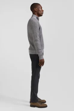 Cardigan zippé en laine et coton gris coupe Regular