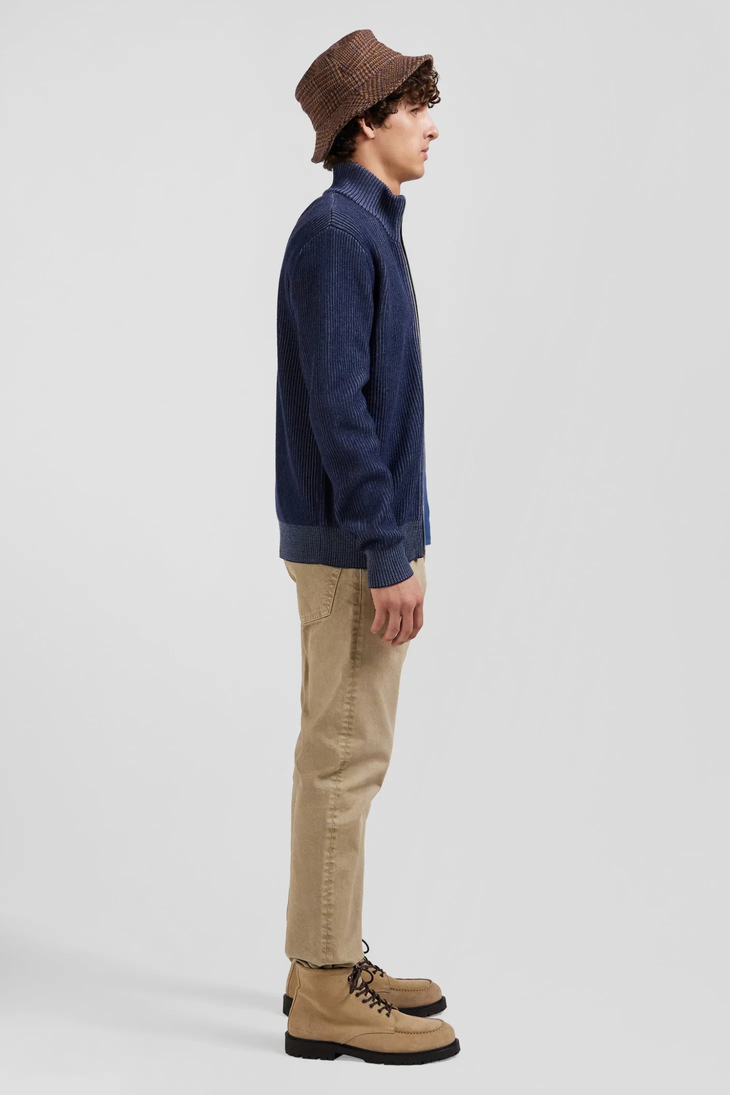 Cardigan zippé en laine et coton bleu marine coupe Regular